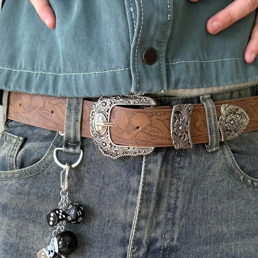 Y2K Brown Leather Belt Silver Buckle Adjustable Fit 26-36